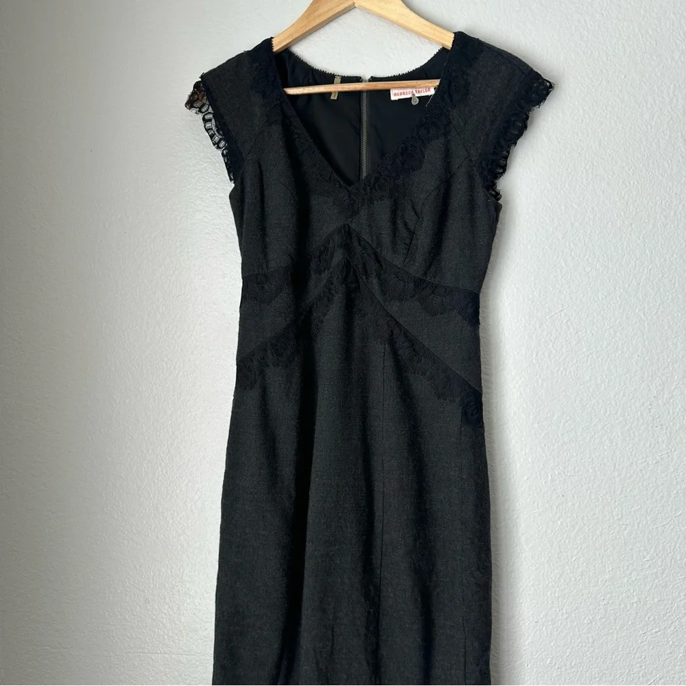 Rebecca Taylor Dark Gray Dress Black‎ Lace Trim sheath dress Size 2